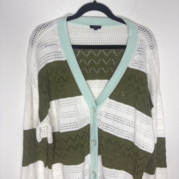 Talbots Green and White Mint Open Knit Cardigan Tipped Pointelle Size 1X - Picture 2 of 7